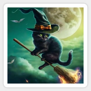 Magical Cat Flying on Her Broomstick Sticker